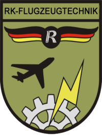 Wappen der Reservistenkameradschaft Flugzeugtechnik – Flugzeug, Zahnrad, Blitz und Bundesfarben